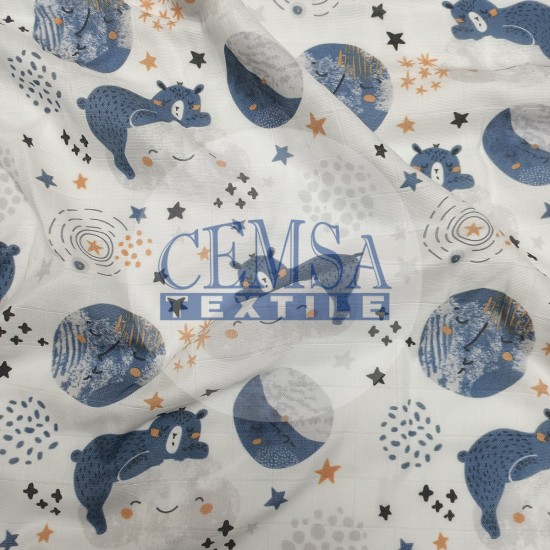 Printed Muslin | 100% Cotton | Bear & Night Cemsa Textile