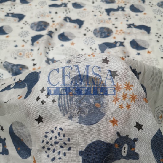 Printed Muslin | 100% Cotton | Bear & Night Cemsa Textile