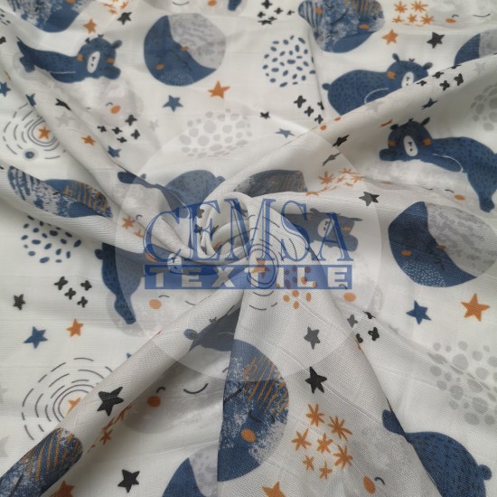 Printed Muslin | 100% Cotton | Bear & Night Cemsa Textile