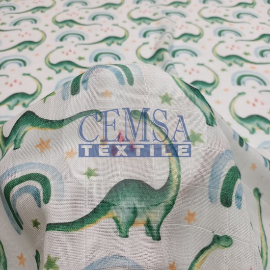 Printed Muslin | 160 cm PM_DR Printed Muslin | 100% Cotton | Dinosaur & Rainbow