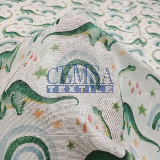 Printed Muslin | 100% Cotton | Dinosaur & Rainbow Cemsa Textile