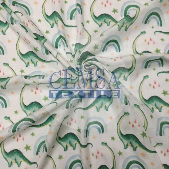 Printed Muslin | 100% Cotton | Dinosaur & Rainbow Cemsa Textile