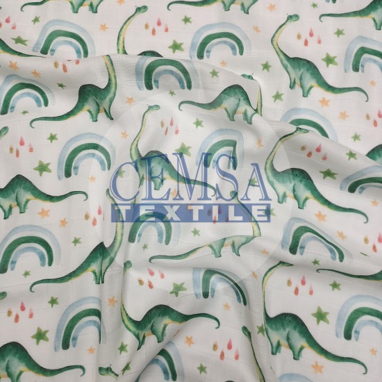 Printed Muslin | 160 cm PM_DR Printed Muslin | 100% Cotton | Dinosaur & Rainbow