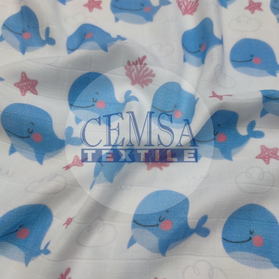 Printed Muslin | 100% Cotton | Blue Whale Cemsa Textile