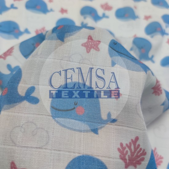 Printed Muslin | 100% Cotton | Blue Whale Cemsa Textile