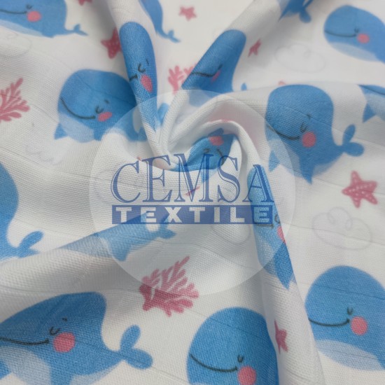 Printed Muslin | 100% Cotton | Blue Whale Cemsa Textile