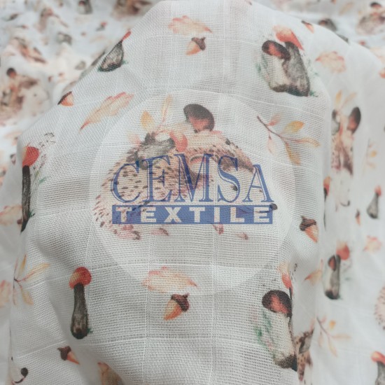 Printed Muslin | 100% Cotton | Autumn Hedgehog Cemsa Textile