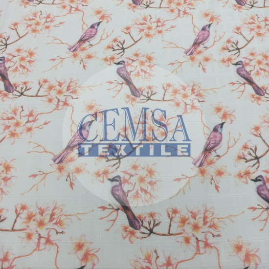 Printed Muslin | 100% Cotton | Cherry Blossom & Bird Cemsa Textile