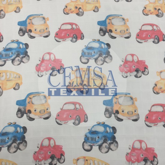 Printed Muslin | 100% Cotton | Watercolor Cars Cemsa Textile