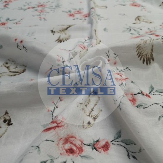 Printed Muslin | 100% Cotton | Pink Rose & Rabbit Cemsa Textile