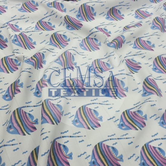 Printed Muslin | 100% Cotton | Striped Fish Cemsa Textile