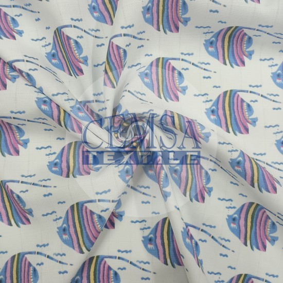 Printed Muslin | 100% Cotton | Striped Fish Cemsa Textile