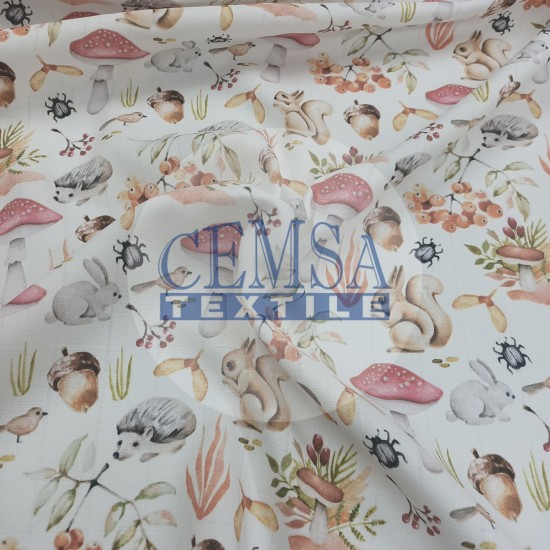 Printed Muslin | 100% Cotton | Mushroom & Squirrel Cemsa Textile