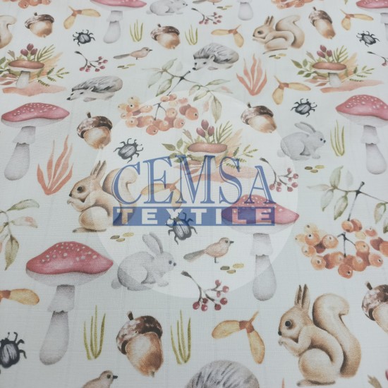 Printed Muslin | 100% Cotton | Mushroom & Squirrel Cemsa Textile