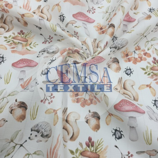 Printed Muslin | 100% Cotton | Mushroom & Squirrel Cemsa Textile