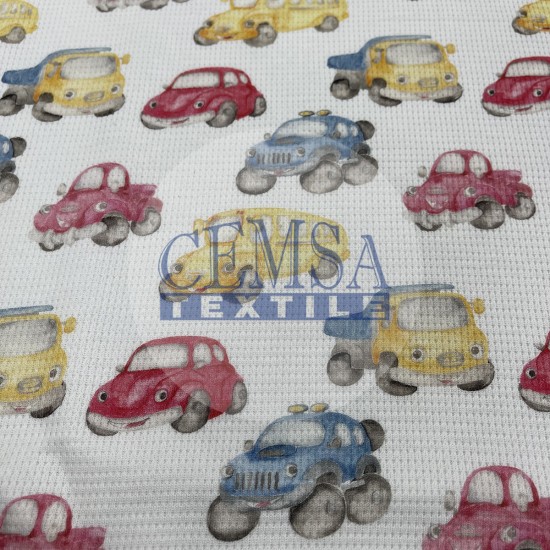 Printed Knitted Waffle 100% Cotton | Cars Cemsa Textile