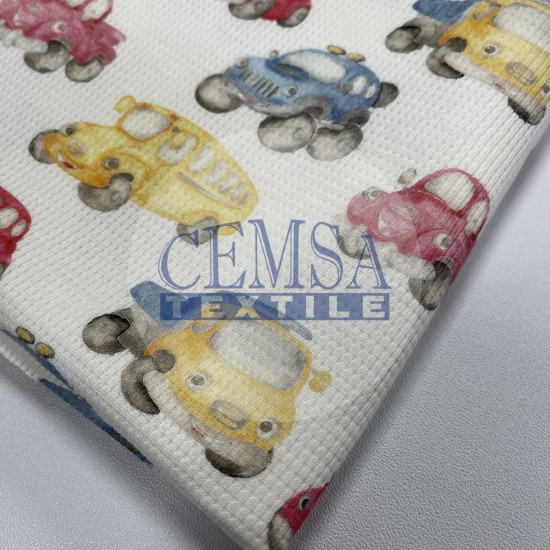 Printed Knitted Waffle 100% Cotton | Cars Cemsa Textile