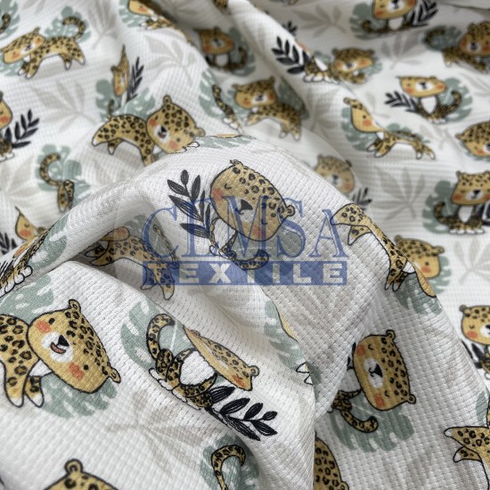 Printed Knitted Waffle Pique Fabric PW_CT Printed Knitted Waffle 100% Cotton | Leo Cat