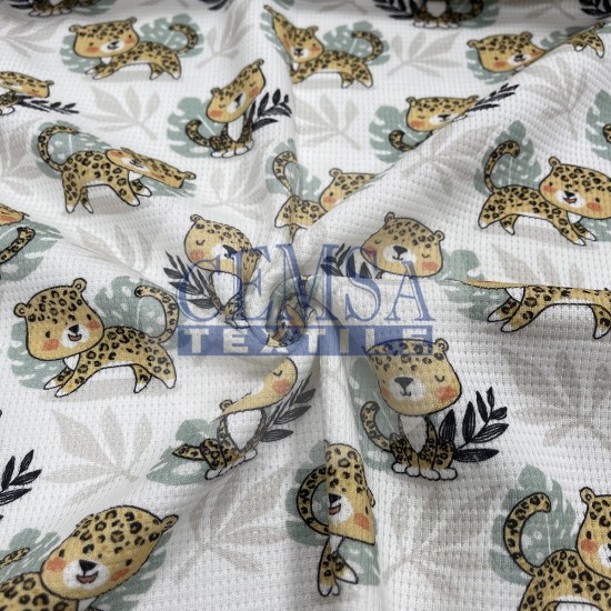 Printed Knitted Waffle Pique Fabric PW_CT Printed Knitted Waffle 100% Cotton | Leo Cat