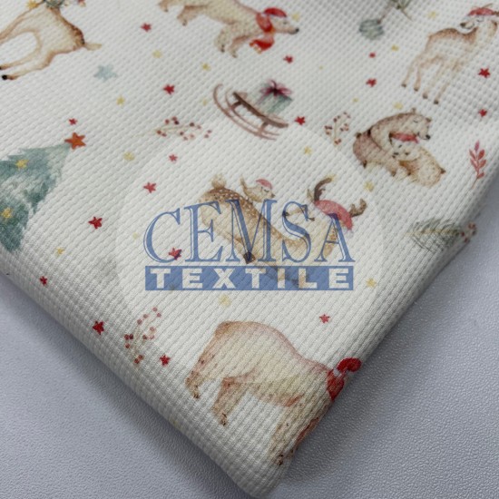 Printed Knitted Waffle 100% Cotton | Christmas & Deer Cemsa Textile