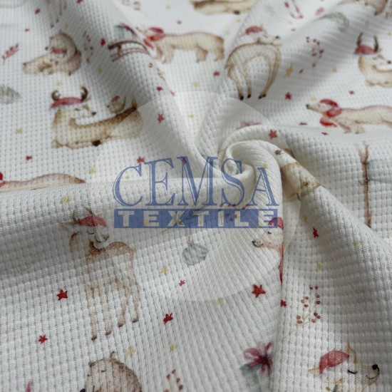 Printed Knitted Waffle Pique Fabric PW_CHRTMSD Printed Knitted Waffle 100% Cotton | Christmas & Deer