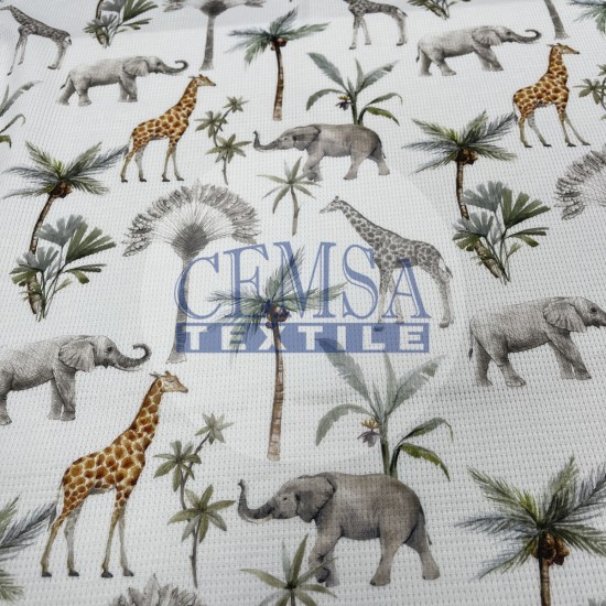 Printed Knitted Waffle Pique Fabric PW_FRCNMLS Printed Knitted Waffle 100% Cotton | African Animals