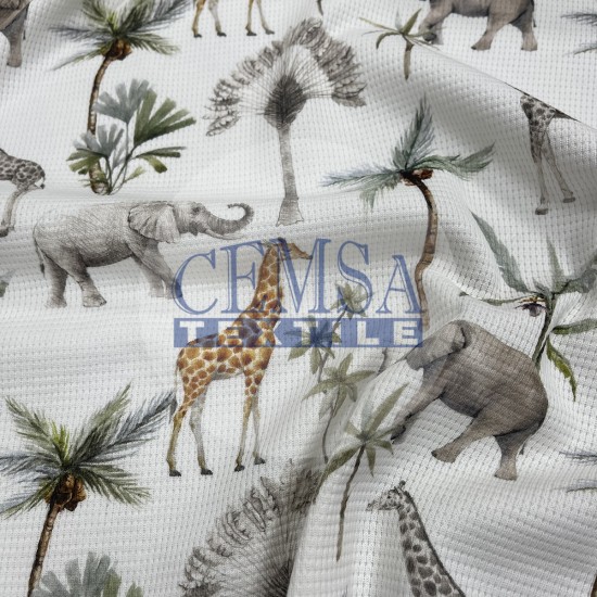 Printed Knitted Waffle Pique Fabric PW_FRCNMLS Printed Knitted Waffle 100% Cotton | African Animals