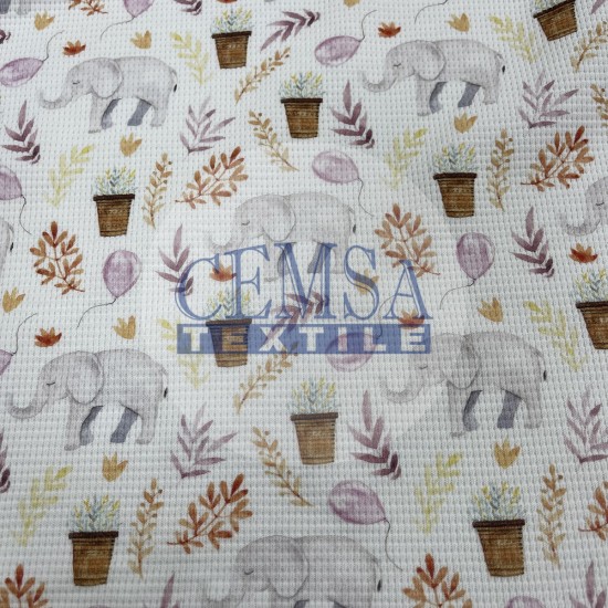 Printed Knitted Waffle 100% Cotton | Leafs & Elephant Cemsa Textile