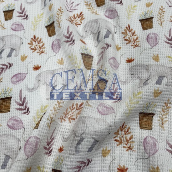 Printed Knitted Waffle Pique Fabric PW_FLP Printed Knitted Waffle 100% Cotton | Leafs & Elephant