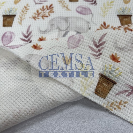 Printed Knitted Waffle 100% Cotton | Leafs & Elephant Cemsa Textile