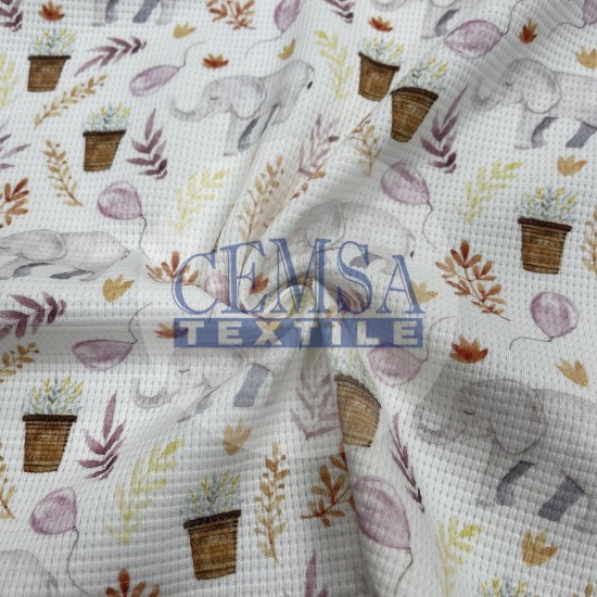 Printed Knitted Waffle 100% Cotton | Leafs & Elephant Cemsa Textile