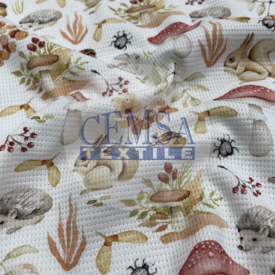 Printed Knitted Waffle 100% Cotton | Mushroom & Rabbit Cemsa Textile