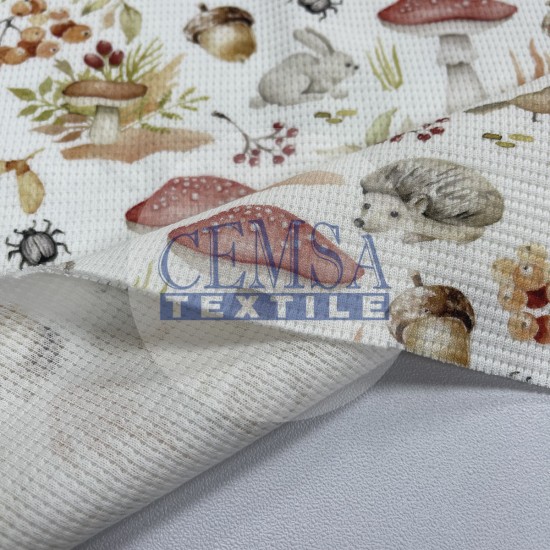 Printed Knitted Waffle 100% Cotton | Mushroom & Rabbit Cemsa Textile