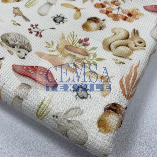 Printed Knitted Waffle 100% Cotton | Mushroom & Rabbit Cemsa Textile