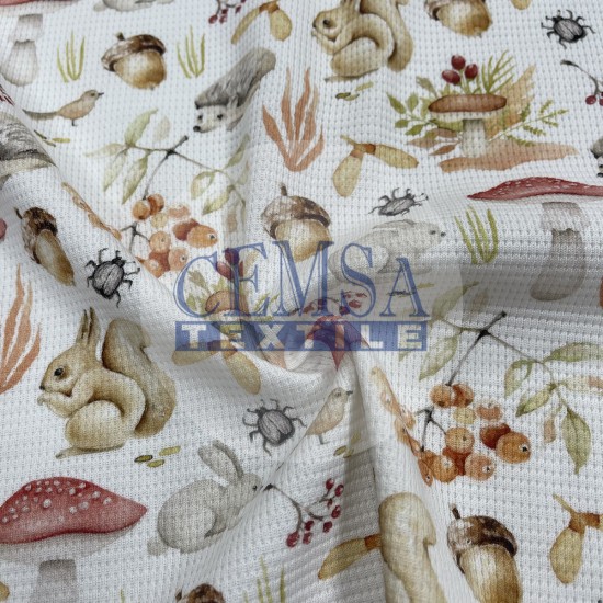 Printed Knitted Waffle 100% Cotton | Mushroom & Rabbit Cemsa Textile