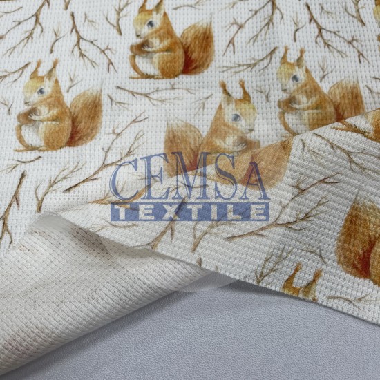 Printed Knitted Waffle Pique Fabric PW_SQRL Printed Knitted Waffle 100% Cotton | Squirrel