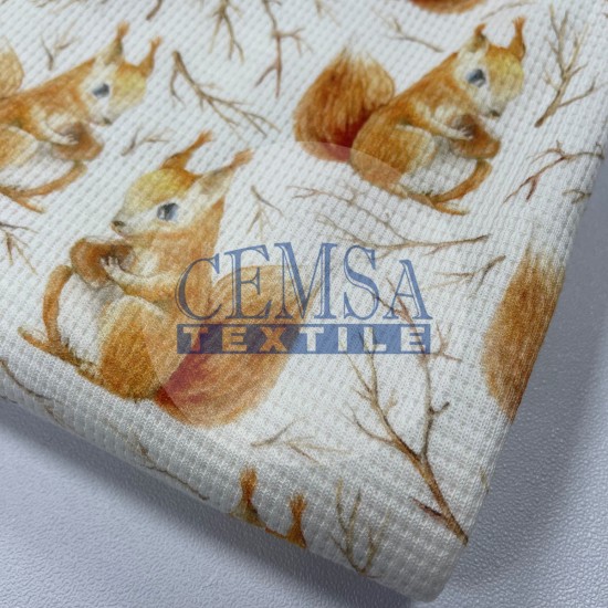 Printed Knitted Waffle Pique Fabric PW_SQRL Printed Knitted Waffle 100% Cotton | Squirrel