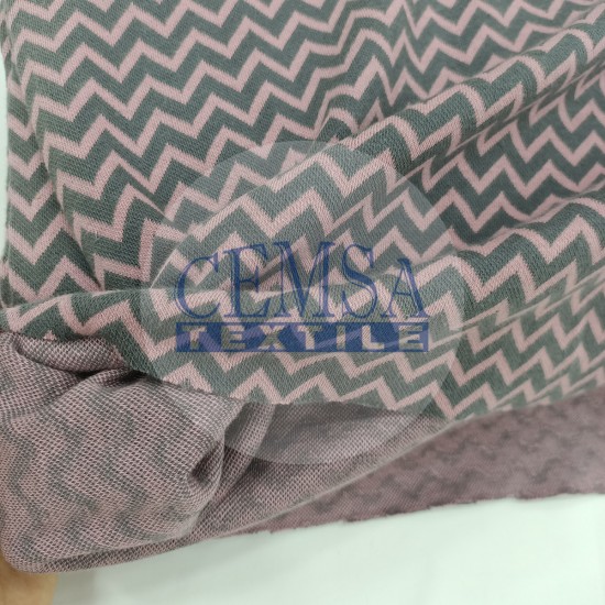 Patterned Rib RBNADNT Rib Fabric | 100% Cotton | Pink & Grey Zigzag