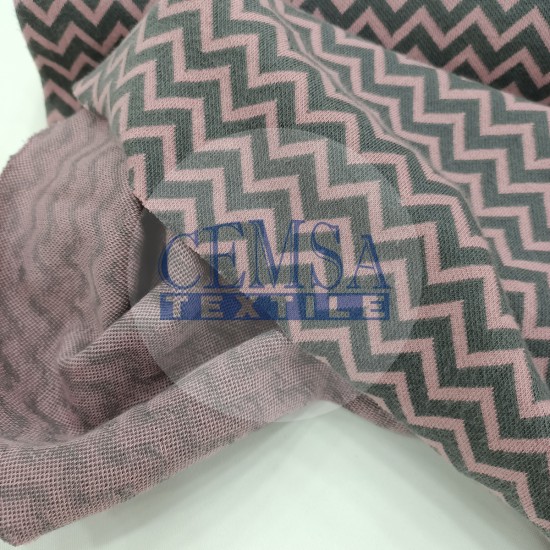 Patterned Rib RBNADNT Rib Fabric | 100% Cotton | Pink & Grey Zigzag