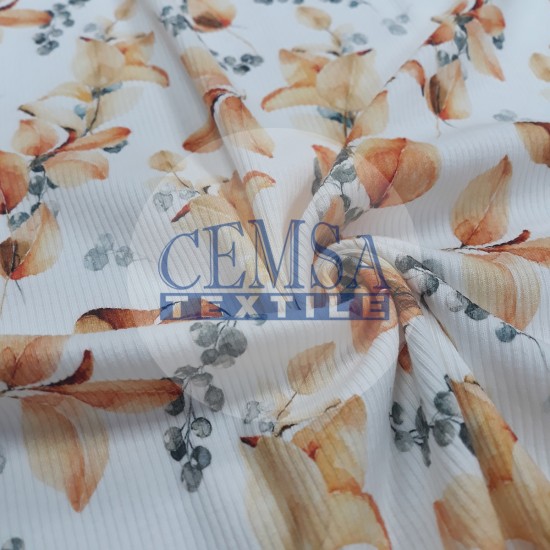 Printed Kashkorse Fabric | 94% Cot 6% Ea | Orange Leaf Cemsa Textile