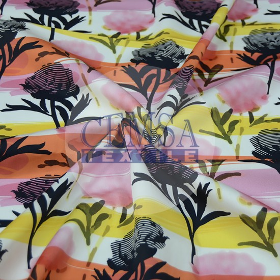 Printed Sateen Fabric | 100% Cotton| Black-Pink Flower 233071 Cemsa Textile