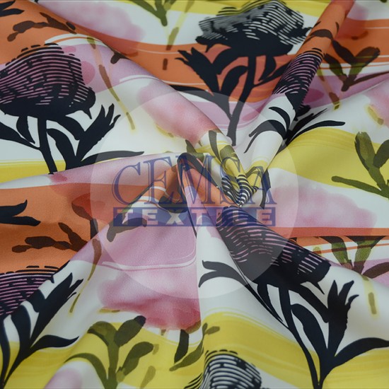 Printed Sateen Fabric | 100% Cotton| Black-Pink Flower 233071 Cemsa Textile