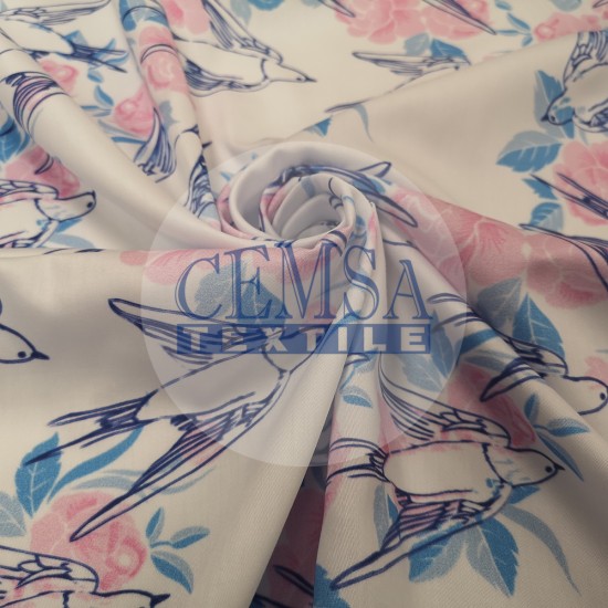 Printed Silky Sateen Fabric | 100% Cotton| Bird-Rose 566069 Cemsa Textile