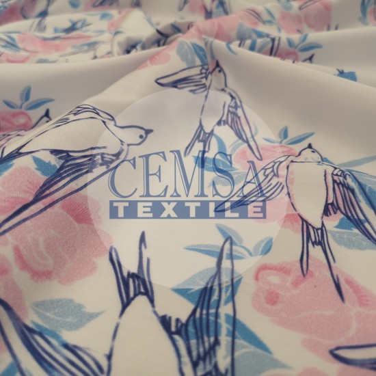 Printed Silky Sateen Fabric | 100% Cotton| Bird-Rose 566069 Cemsa Textile