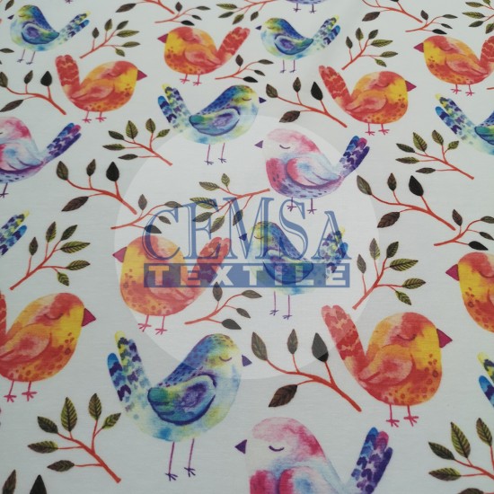 Printed Single Jersey | 95% Cot 5% Ea | Colorful Birds Cemsa Textile