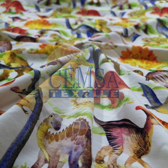 Printed Single Jersey | 95% Cot 5% Ea | Colorful Dinosaur Cemsa Textile