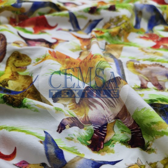 Printed Single Jersey | 95% Cot 5% Ea | Colorful Dinosaur Cemsa Textile