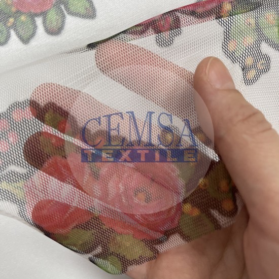 Printed Tulle | 100% Pes | White Ground Flower Cemsa Textile