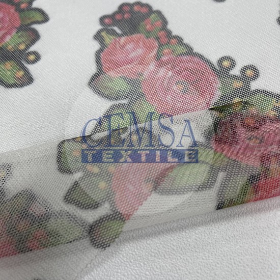 Printed Tulle | 100% Pes | White Ground Flower Cemsa Textile