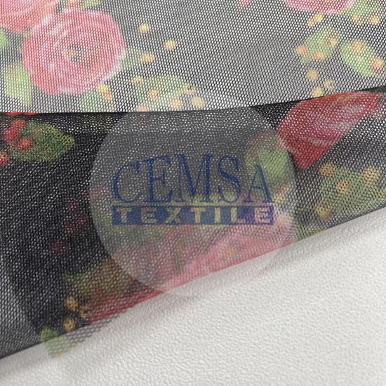 Printed Tulle | 100% Pes | Black Ground Flower Cemsa Textile